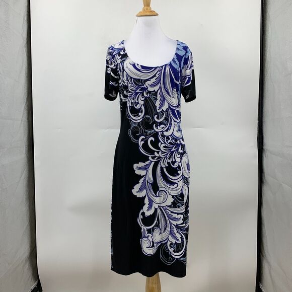 Boston Proper Feather Scroll Sheath Dress Women 10 Black Blue Scoop Neck Stretch - Picture 2 of 12